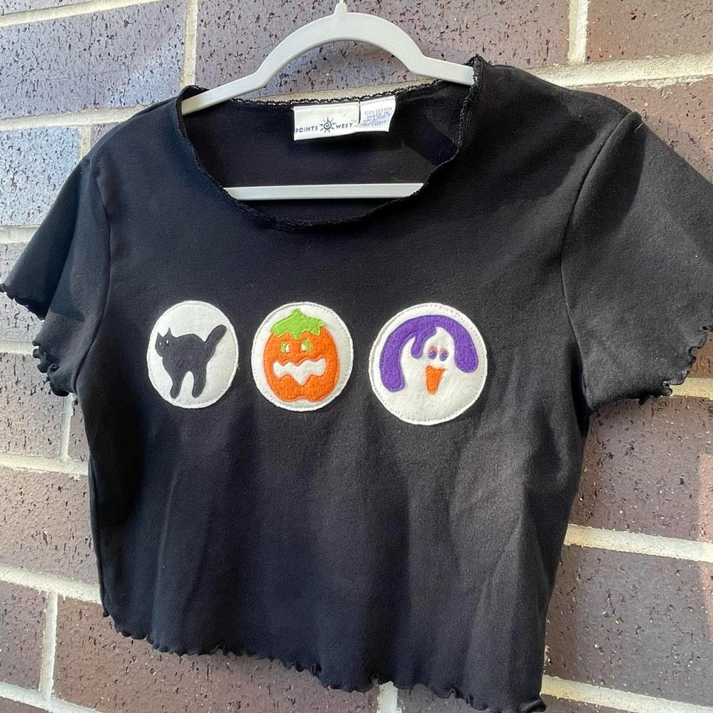Black Halloween Cookies Crop Top Handmade Patches Cat, Pumpkin, and Ghost
